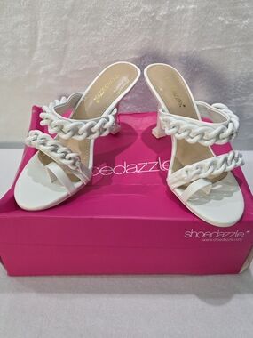 Shoe Dazzle White Chain-Detail Block Heel Sandals